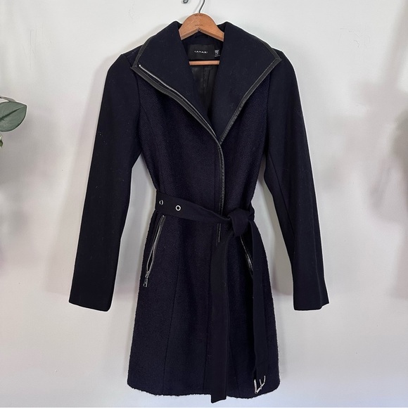 Tahari Wool Blend Full Zip Belted Black Pea Coat Women’s Sz Large - Picture 2 of 9